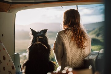 Rear view of the Caucasian female and a dog enjoying the view from the van