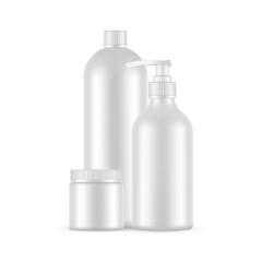 Blank Plastic Cosmetic Bottles and Jar Mockup, Isolated on White Background. Vector Illustration