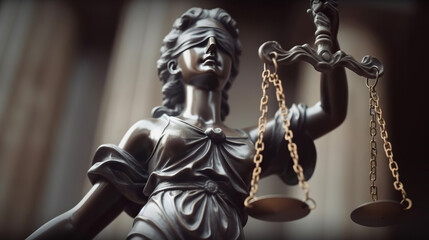 Fototapeta premium Bronze statue of the Goddess of Justice Themis, holding the Law Scales in her hands, on a blurred dark background. Copy space. Based on Generative AI