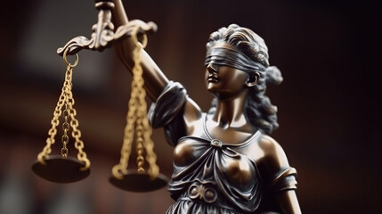 Fototapeta premium Bronze statue of the Goddess of Justice Themis, holding the Law Scales in her hands, on a blurred dark background. Copy space. Based on Generative AI