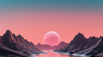 The Futuristic landscape.Bright orange planet against mountains with blurry background. Abstract retro minimalism relief mountain landscape with blurred background. Generative AI