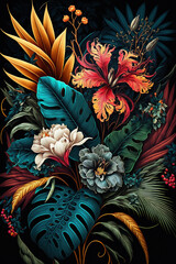 Colorful tropical flowers wallpaper. AI	