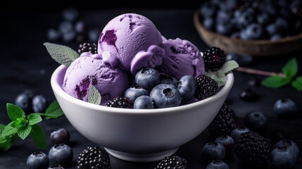 bowl filled with blueberries and blackberries, ice cream on the side, lined in purple. Generative Ai - obrazy, fototapety, plakaty