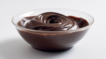 a plate of chocolate pudding on a white surface, chocolate sauce. Generative Ai
