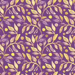 Watercolors yellow and purple leaves seamless pattern. Hand drawn floral. On lilac background.	