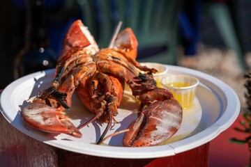 Closeup shot of a cooked crayfish with dipping  sauce on a white disposable plate