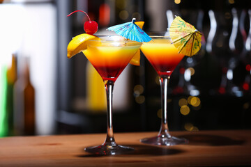 Glasses of tasty Tequila Sunrise with umbrellas on table in bar