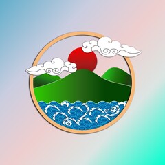 Views of mountains surrounded by rivers. There was the sun shining down through the clouds.