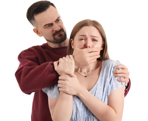 Young man shouting his scared wife's mouth on white background. Domestic violence concept