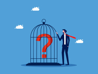 Control problems and lack of freedom of thought. Businessman keeps a question mark in a cage vector