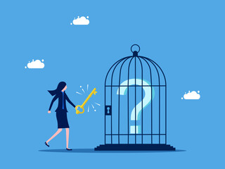 Unlock the problem. Businesswoman unlocking the question mark in the cage vector