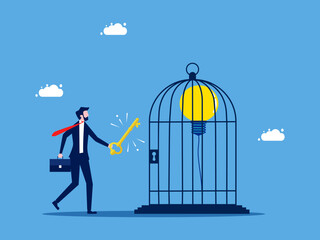 Unlock the freedom to learn new things. Businessman winds up a light bulb balloon in a cage vector