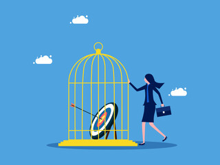 Control over goals or lack of freedom to achieve them. Businesswoman keeps target in cage vector