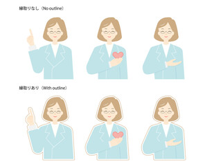 微笑む白衣の女性-女医、医師、薬剤師、養護教諭、保健室の先生、カウンセラー-のポーズセット