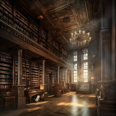 Interior of an old library. Illustration. Ai generation.