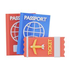 3D illustration passport and airplane ticket