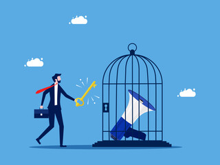 Unlock communication and advertising. Businessman unravels a cannon in a cage vector