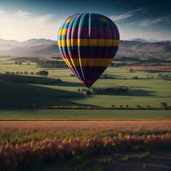 Fototapeta premium A colorful hot air balloon floating peacefully over a patchwork landscape of fields and meadowsGenerative AI