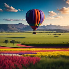 Fototapeta premium A colorful hot air balloon floating peacefully over a patchwork landscape of fields and meadowsGenerative AI