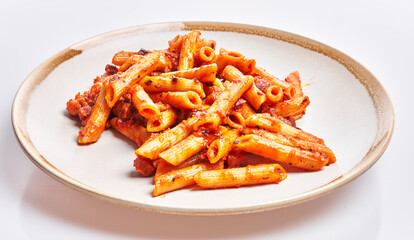  Delicious plate of italian macaroni with tomato sauce over isolated white background