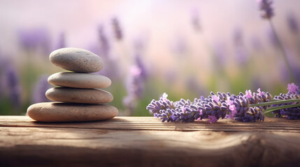 Obraz na płótnie Canvas Stones and lavenders on wooden desk on background of lavender field. Spa still life in pastel colors. Copy space. Based on Generative AI
