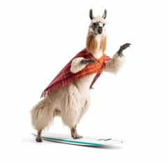 a cute and stylish llama rides a surfboard on the white background, Generative AI