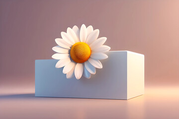 3D background, wood podium display. White daisy flower falling. Cosmetic or beauty product promotion step