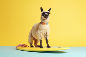 a cute and stylish llama rides a surfboard on the yellow background, Generative AI