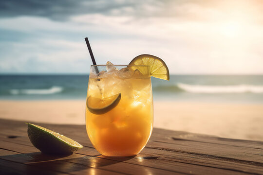 Exotic summer drink, blur beach on background. Generative Ai