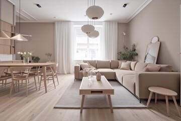 Naklejka na ściany i meble interior stylish green modern apartment carpet lifestyle pillow beige window sofa room. Generative AI.