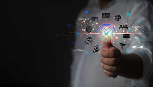 Digital cyber protection scan processing of biometric identification fingerprint scanner security of to access data, security scanning of digital programs cyber futuristic applications.