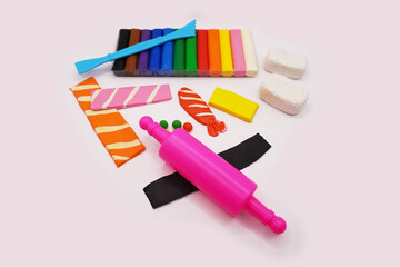 modeling clay, kid, modeling clay kid, colorful, Japanese food, sushi, art, color, white, red, yellow, green, pink, orange, Education, craft tool, rollor