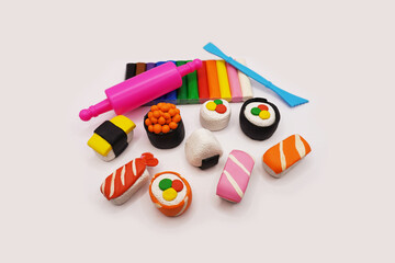 modeling clay, kid, modeling clay kid, colorful, Japanese food, sushi, art, color, white, red, yellow, green, pink, orange, Education, craft tool, rollor