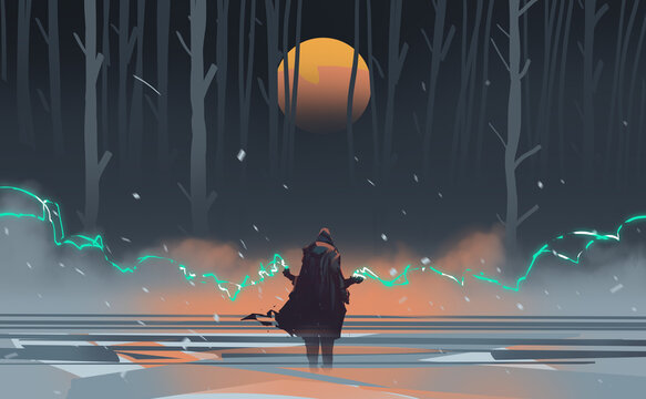 Digital illustration painting design style a sorcerer spelling lightning against the blood moon.