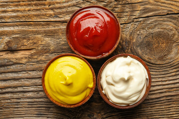 Bowls of ketchup, mayonnaise and mustard on wooden table, closeup