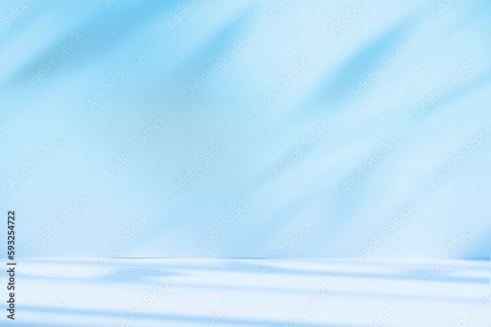 Poster Abstract blue color gradient studio background for product presentation. Empty room with shadows of window and flowers and palm leaves . 3d room with copy space. Summer concert. Blurred backdrop.