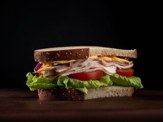 turkey sandwich with lettuce, tomato, and mayonnaise on whole wheat bread