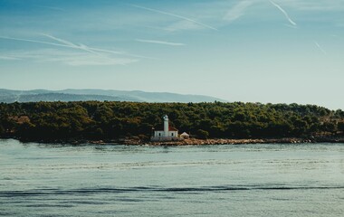 Aerial view of sea with lighthouse surrounded by dense trees