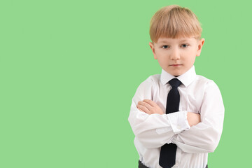 Funny little businessman on green background