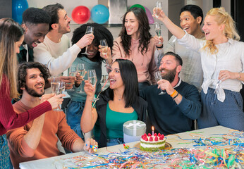 Hooray, you have a birthday today. Diverse multiracial group of excited friends making happy...