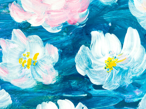 Abstract painting white flowers on blue, original hand drawn, impressionism style, color texture, brush strokes of paint, art background.