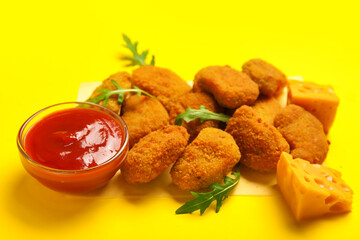 Heap of tasty nuggets with cheese and ketchup on yellow background