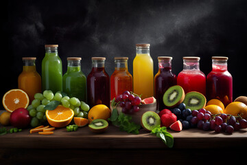 Fototapeta na wymiar Colourful healthy smoothies and juices in bottles with fresh tropical fruit and superfoods.Generative Ai
