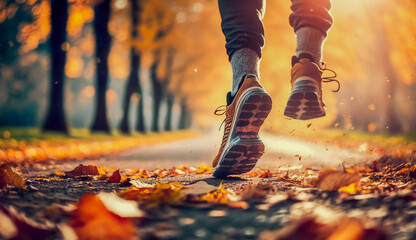 close up legs of Man running in park at autumn morning, Generative AI.