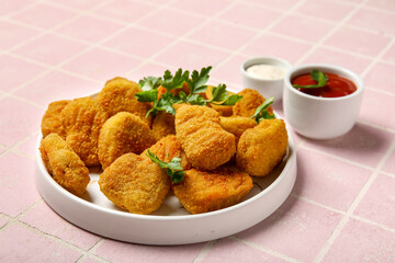 Plate of tasty nuggets on pink tile background