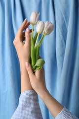 Woman with white tulips against blue fabric background. Hand care concept