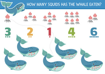 Match the numbers under the sea game with whale eating squid. Ocean life math activity for preschool kids. Marine educational counting worksheet with cute water animals.
