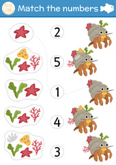 Fototapeta premium Match the numbers under the sea game with hermit crab and his shell house. Ocean life math activity for preschool kids. Marine educational counting worksheet with cute water animal.
