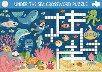 Vector under the sea crossword puzzle for kids. Simple ocean life quiz with marine landscape for children. Educational activity with fish, submarine, water animals, diver. Cute cross word.