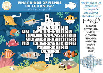 Vector under the sea word search puzzle for kids. Simple ocean life word search quiz for children. Water animals and fish educational activity. What kinds of fishes do you know.